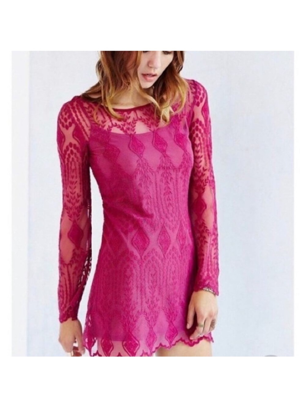 Ecote Fuchsia Lace Long-Sleeve Mini Dress